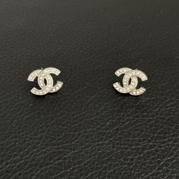 Authentic CHANEL Silver Crystal CC Stud Earrings (No Backings) - Picture 1 of 5